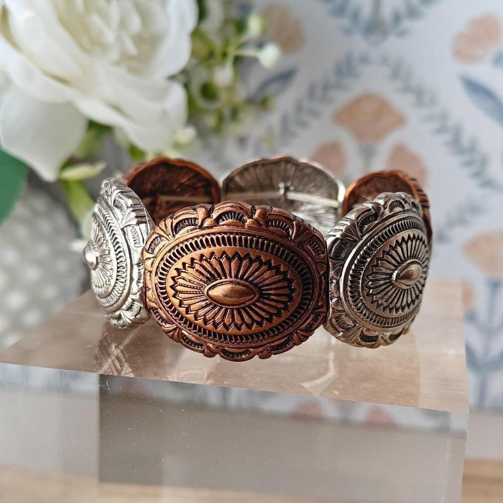 Western style mixed metal concho stretch bracelet